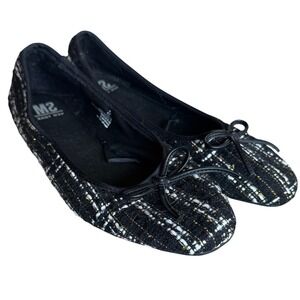 SM New York Zion Black White Gold Tweed Ballet Flats Bow Shoes Womens 11